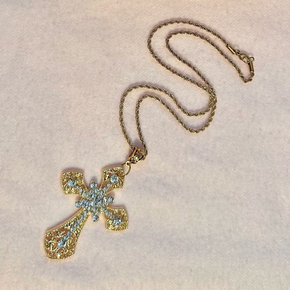 Statement Cross Pendant Necklace Gold Tone Large Goth Victorian Crystals - Picture 1 of 10